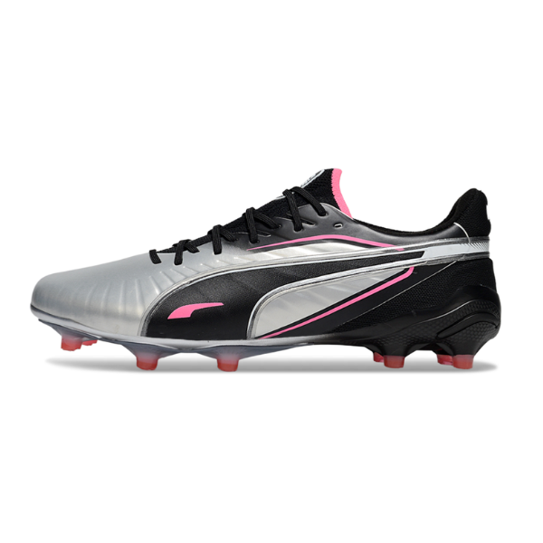 Botas de fútbol Puma King Ultimate FG para terreno firme, color gris, negro y rosa