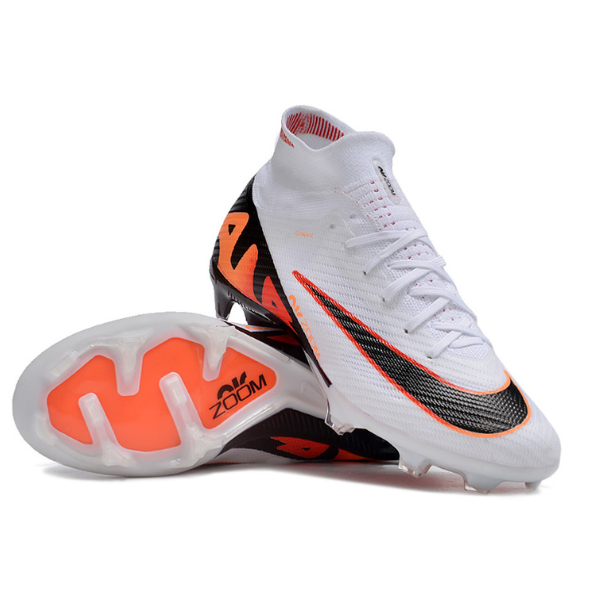 Nike Zoom Mercurial Superfly 9 Elite White Black and Orange Firm Ground FG Kids Football Boot