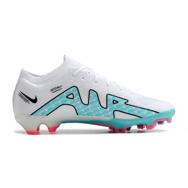 Botas de fútbol Nike Zoom Mercurial Vapor 15 Elite para niños, color blanco, azul claro y rosa, para terreno firme FG