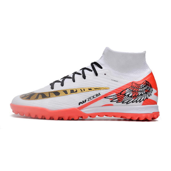 Nike Zoom Mercurial Superfly 9 Elite White Red and Gold Turf TF Kids Football Boot
