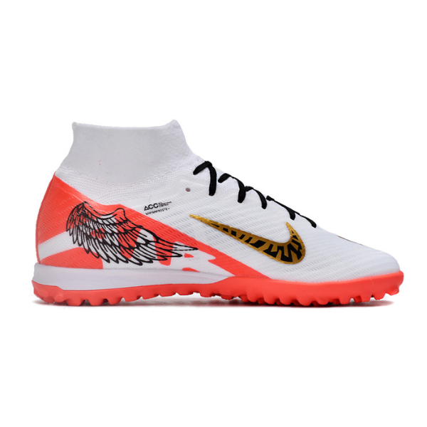 Nike Zoom Mercurial Superfly 9 Elite White Red and Gold Turf TF Kids Football Boot