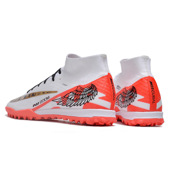 Nike Zoom Mercurial Superfly 9 Elite White Red and Gold Turf TF Kids Football Boot