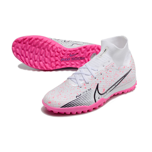 Nike Zoom Mercurial Superfly 9 Elite White and Pink Turf TF Kids Football Boot