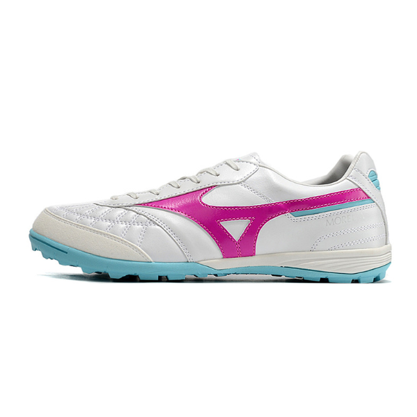 Botas de fútbol Mizuno Morelia Sala Turf TF en blanco, rosa y azul