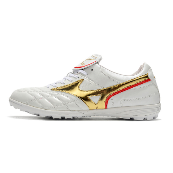 Botas de fútbol Mizuno Wave Cup Turf TF blancas y doradas