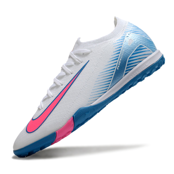 Botas de fútbol Nike Zoom Mercurial Vapor 16 Elite Turf TF en blanco, azul claro y rosa