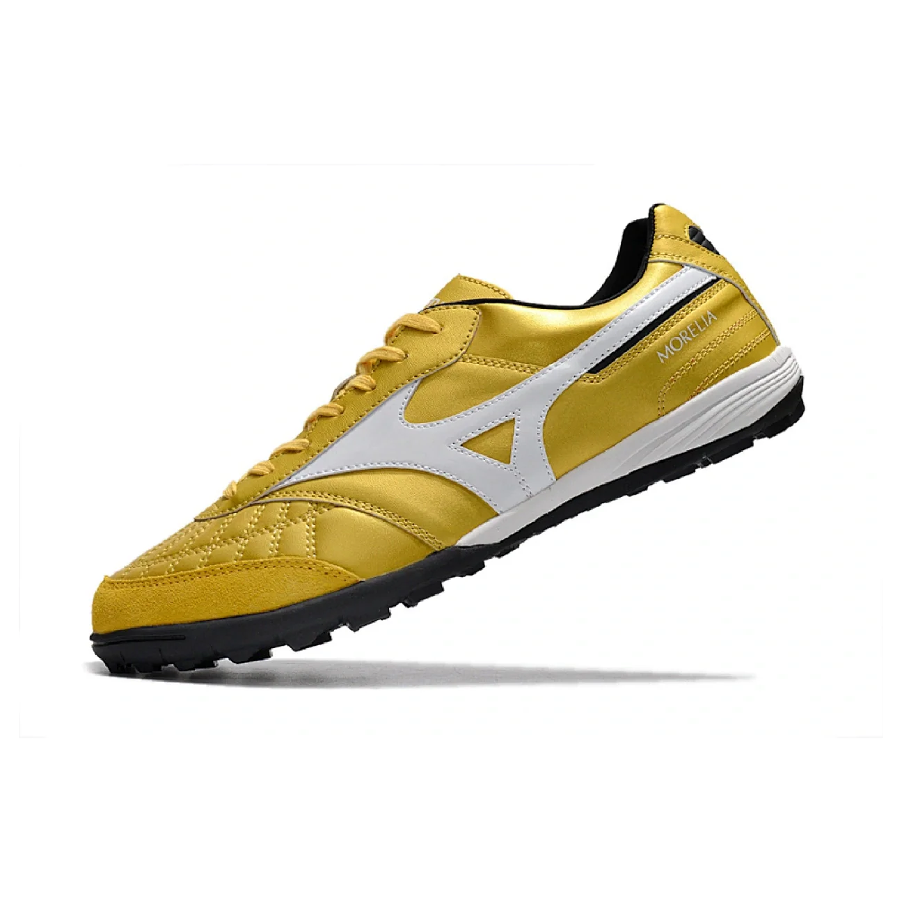 Botas de fútbol Mizuno Morelia Sala Turf TF doradas y blancas