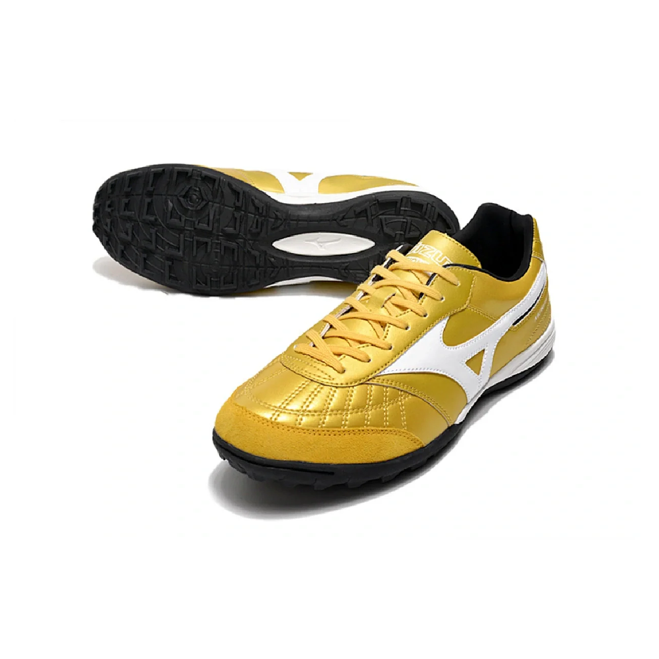 Botas de fútbol Mizuno Morelia Sala Turf TF doradas y blancas