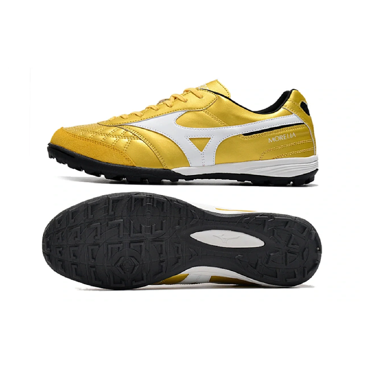 Botas de fútbol Mizuno Morelia Sala Turf TF doradas y blancas