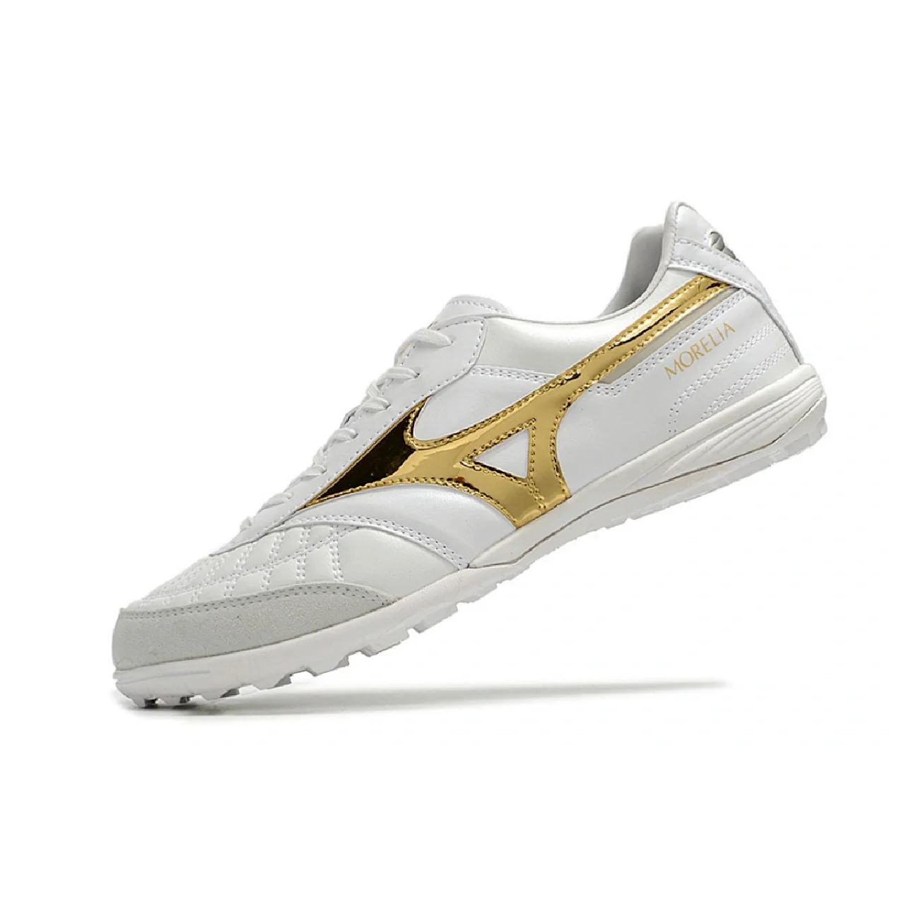 Botas de fútbol Mizuno Morelia Sala Turf TF blancas y doradas