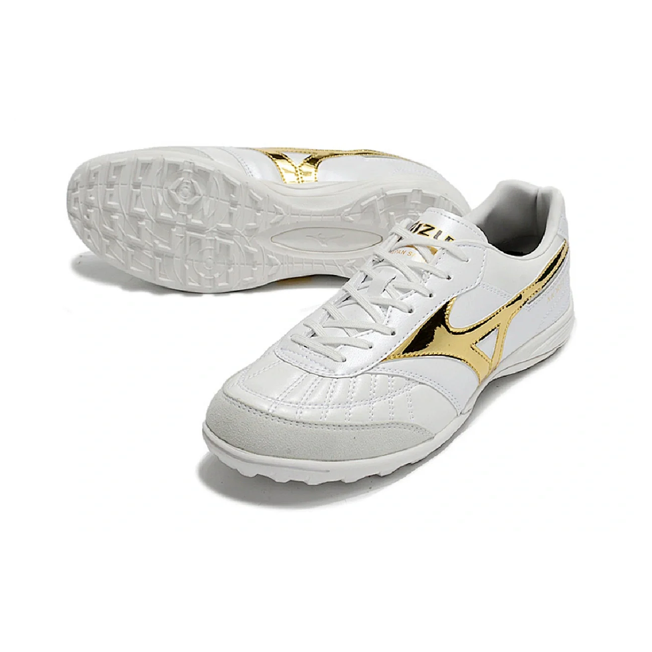 Botas de fútbol Mizuno Morelia Sala Turf TF blancas y doradas