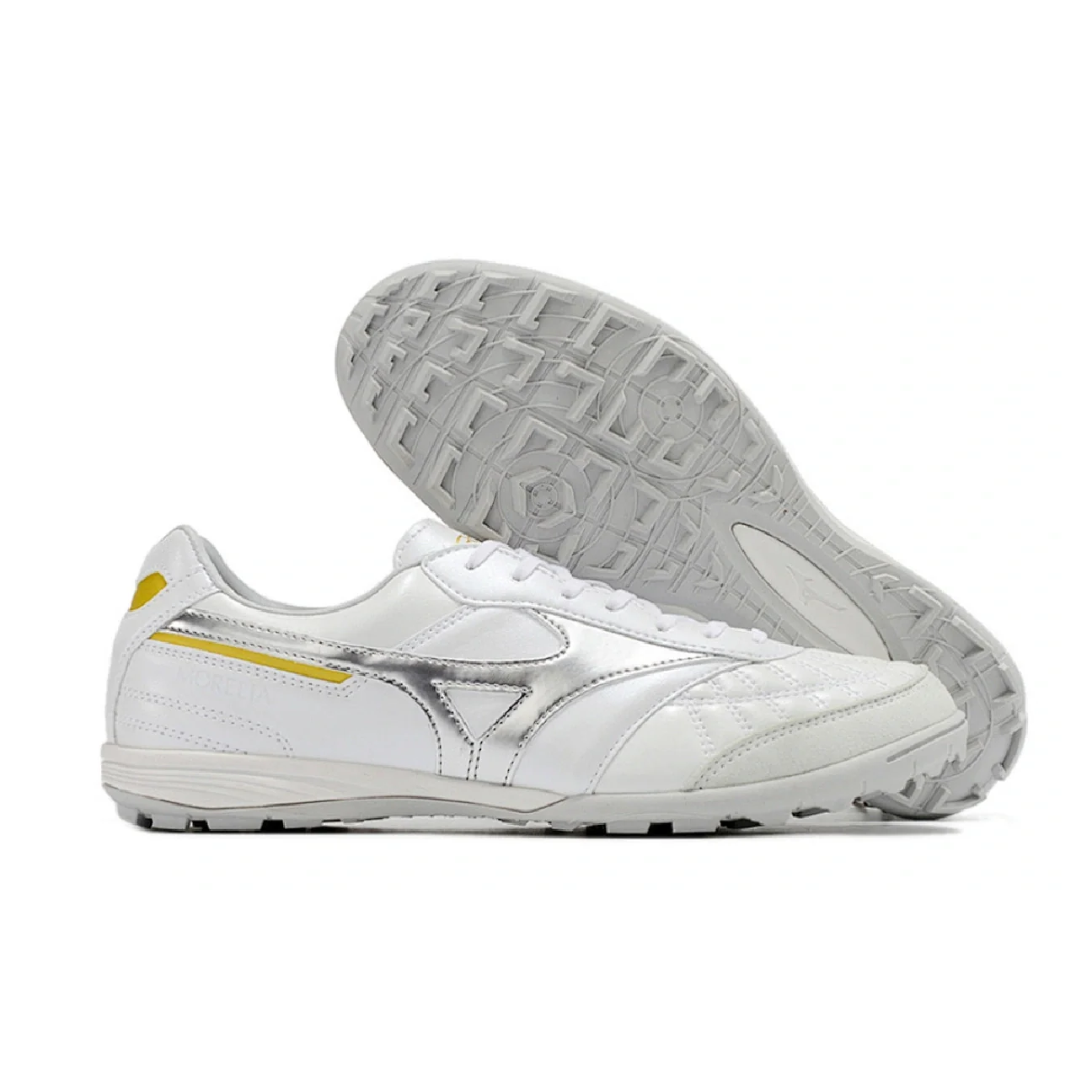 Botas de fútbol Mizuno Morelia Sala Turf TF blancas y plateadas