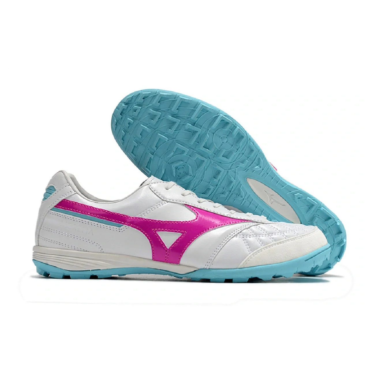 Botas de fútbol Mizuno Morelia Sala Turf TF en blanco, rosa y azul