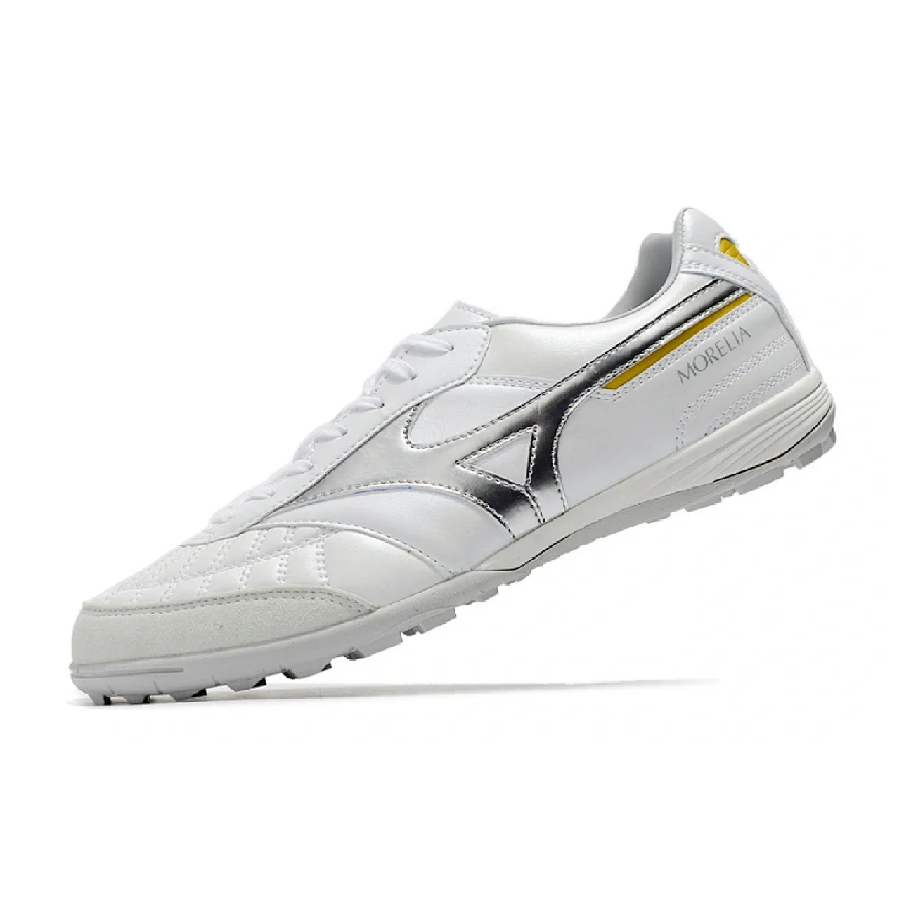 Botas de fútbol Mizuno Morelia Sala Turf TF blancas y plateadas