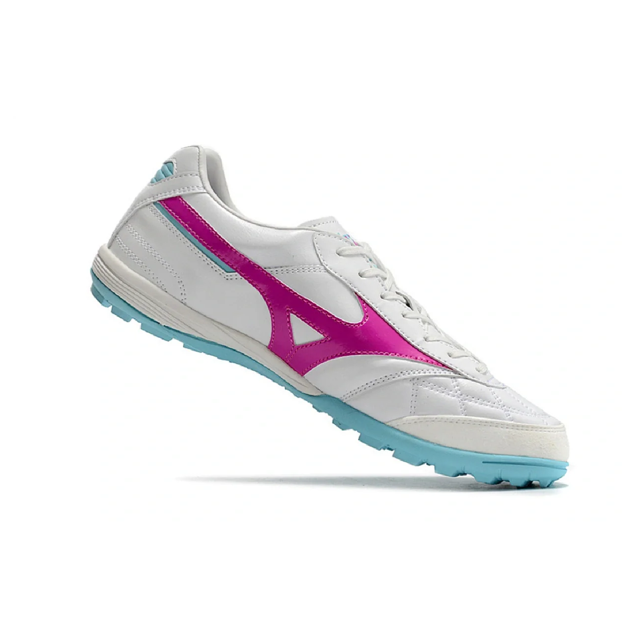 Botas de fútbol Mizuno Morelia Sala Turf TF en blanco, rosa y azul
