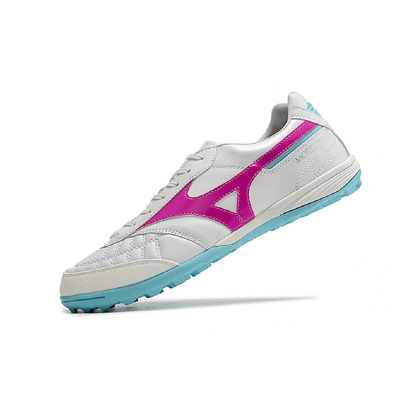 Botas de fútbol Mizuno Morelia Sala Turf TF en blanco, rosa y azul