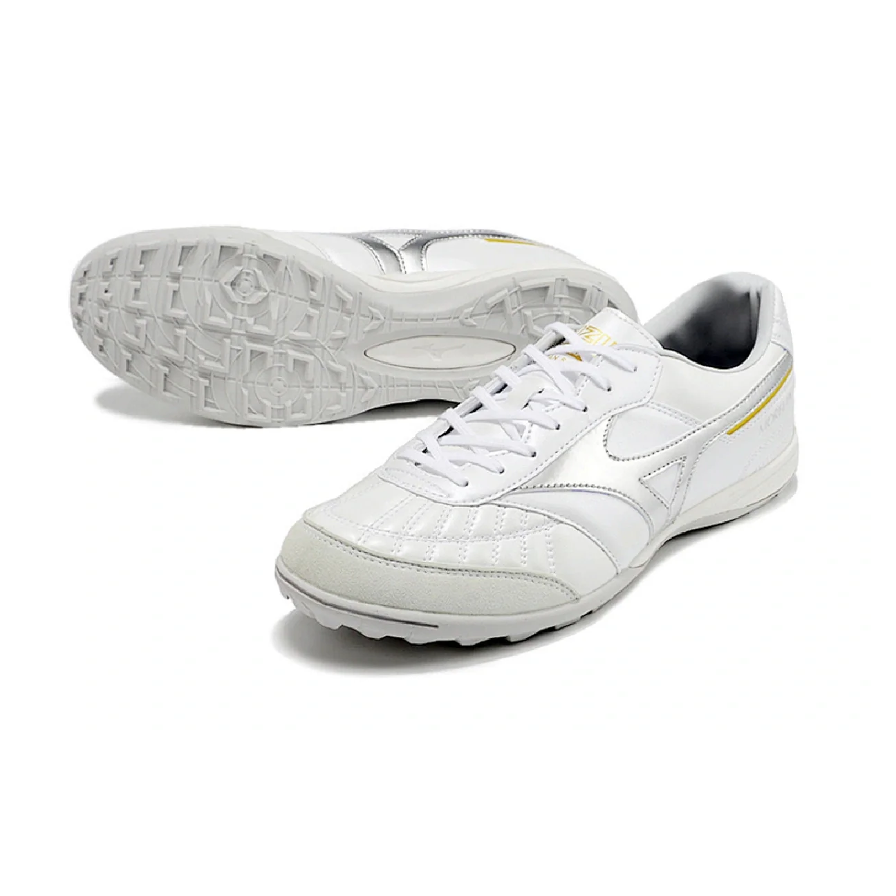 Botas de fútbol Mizuno Morelia Sala Turf TF blancas y plateadas