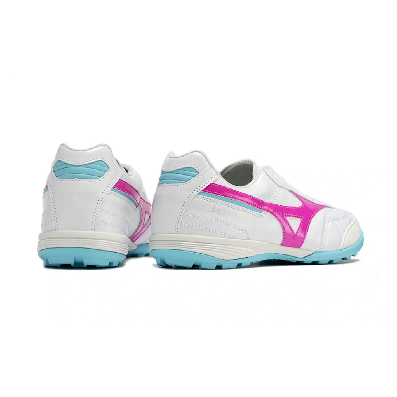 Botas de fútbol Mizuno Morelia Sala Turf TF en blanco, rosa y azul