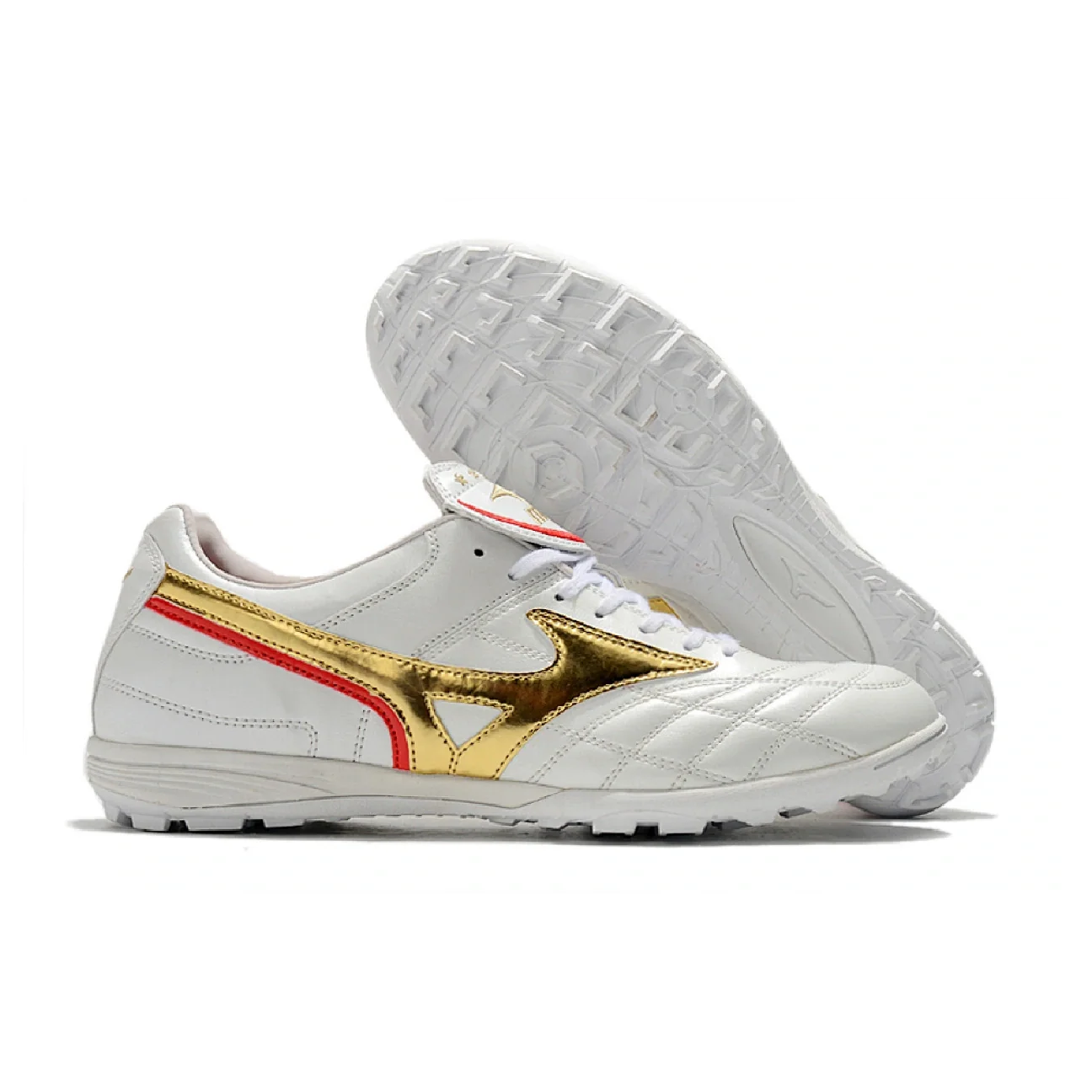 Botas de fútbol Mizuno Wave Cup Turf TF blancas y doradas