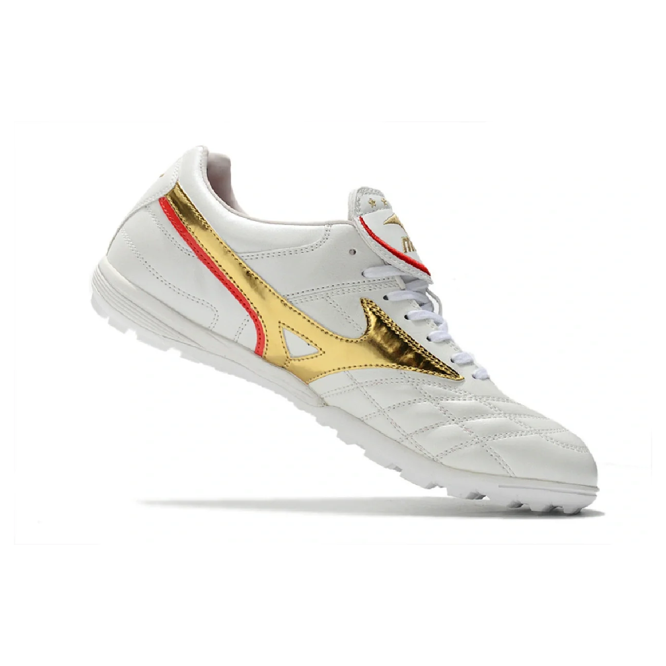 Botas de fútbol Mizuno Wave Cup Turf TF blancas y doradas