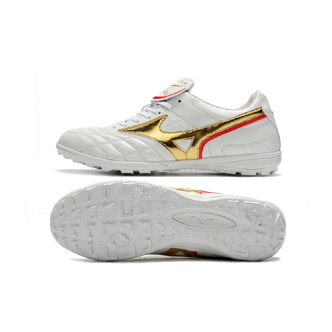 Botas de fútbol Mizuno Wave Cup Turf TF blancas y doradas