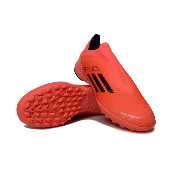 Botas de fútbol Adidas F50 Elite sin cordones para niños, color rojo, para césped artificial (TF)