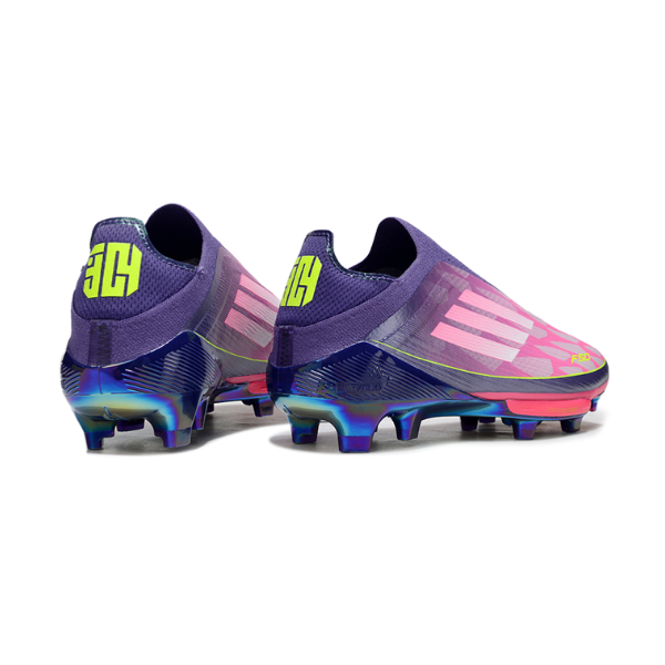 Botas de fútbol Adidas F50+ Elite sin cordones, color morado, laminadas, Yamal Pack, para terreno firme, FG, para niños
