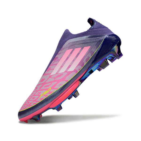 Botas de fútbol Adidas F50+ Elite sin cordones, color morado, laminadas, Yamal Pack, para terreno firme, FG, para niños