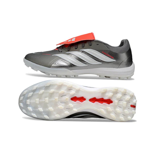 Botas de fútbol Adidas Predator 26 Elite Tongue Turf TF, color gris, blanco y naranja 