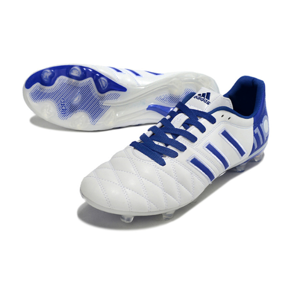 Botas de fútbol Adidas Adipure 11Pro FG para terreno firme, color blanco y azul