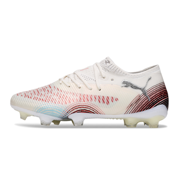 Botas de fútbol Puma Future 8 Low Firm Ground FG, blancas y rojas