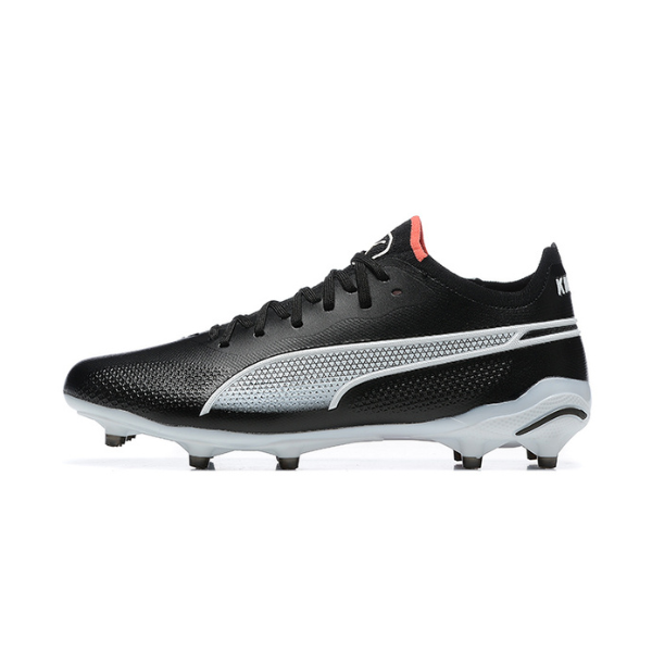 Botas de fútbol Puma King Ultimate FG para terreno firme, color negro, blanco y naranja