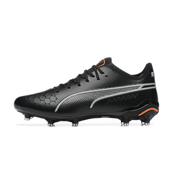 Botas de fútbol Puma King Ultimate FG para terreno firme, color negro y naranja