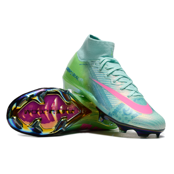 Botas de fútbol Nike Air Zoom Mercurial Superfly 10 Elite para niños, color azul, verde y rosa, para terreno firme FG