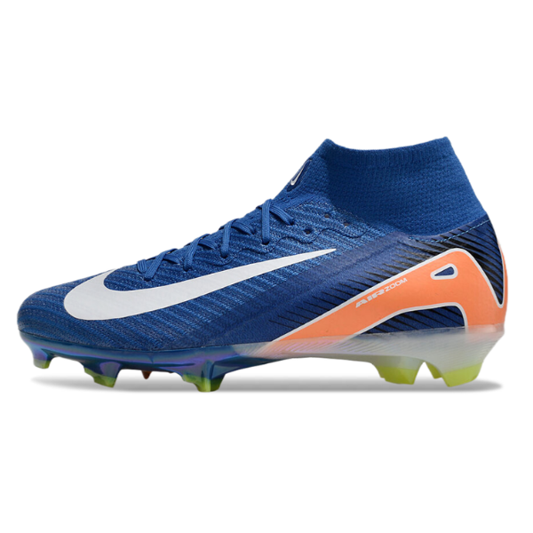 Botas de fútbol Nike Air Zoom Mercurial Superfly 10 Elite azul y naranja para terreno firme FG para niños