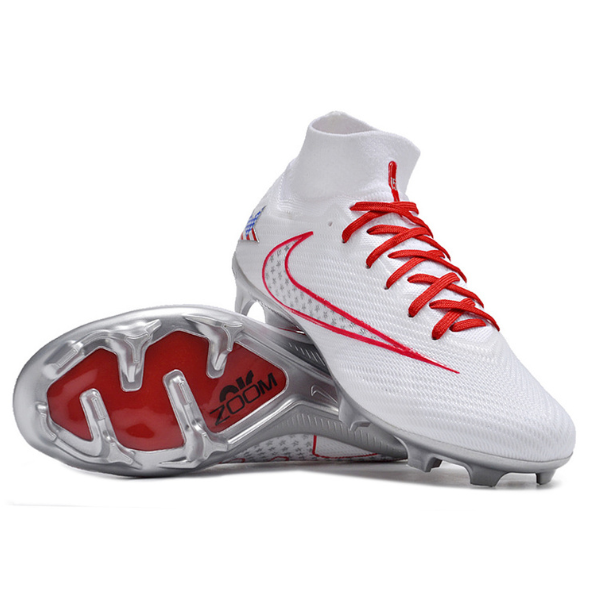 Nike Zoom Mercurial Superfly 9 Elite White Red and Silver Firm Ground FG Kids Football Boot