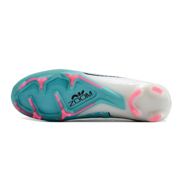 Botas de fútbol Nike Zoom Mercurial Vapor 15 Elite para niños, color blanco, azul claro y rosa, para terreno firme FG