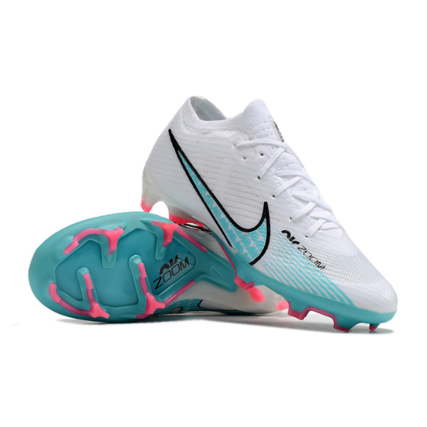 Botas de fútbol Nike Zoom Mercurial Vapor 15 Elite para niños, color blanco, azul claro y rosa, para terreno firme FG