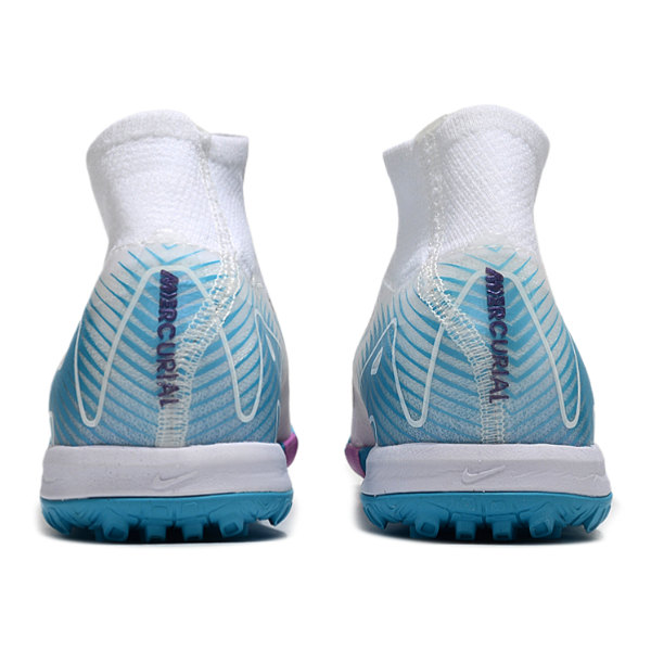 Botas de fútbol Nike Zoom Mercurial Superfly 10 Elite Turf TF para niños, color blanco y azul claro