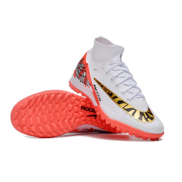 Nike Zoom Mercurial Superfly 9 Elite White Red and Gold Turf TF Kids Football Boot