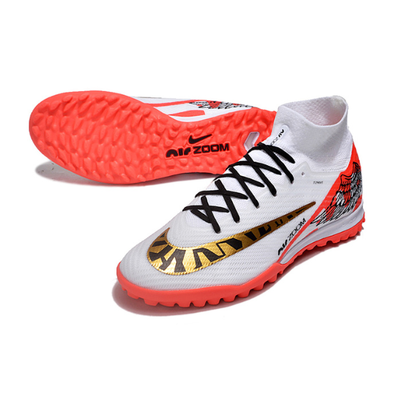 Nike Zoom Mercurial Superfly 9 Elite White Red and Gold Turf TF Kids Football Boot