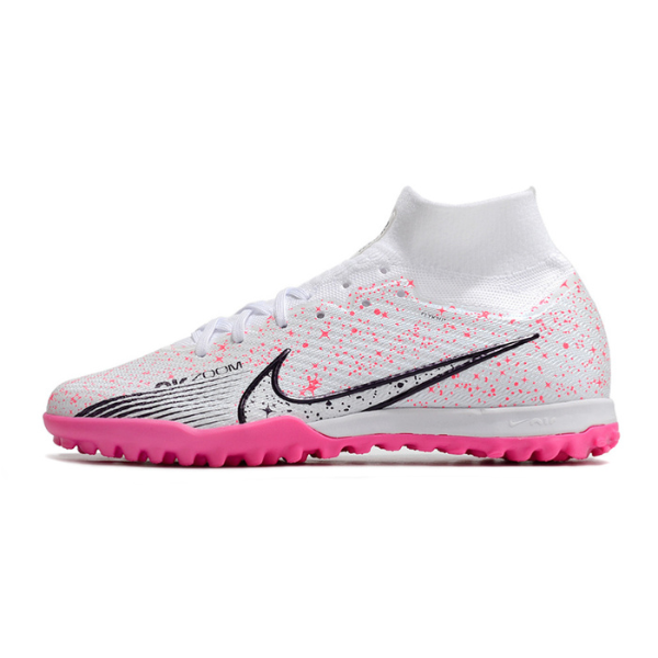 Nike Zoom Mercurial Superfly 9 Elite White and Pink Turf TF Kids Football Boot