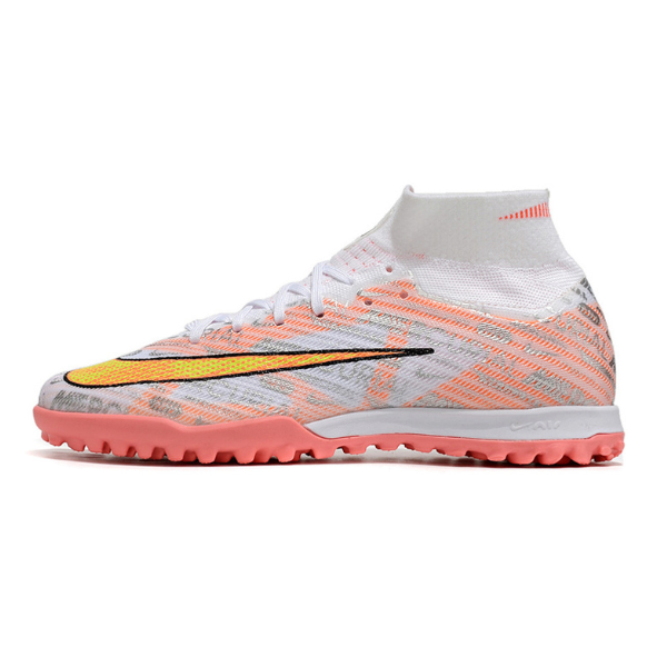 Nike Zoom Mercurial Superfly 9 Elite Silver and Orange Turf TF Kids Football Boot