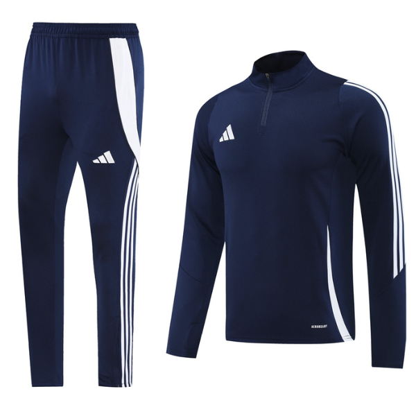 Conjunto de camiseta y pantalones Adidas azul oscuro Cold Set con cremallera de un cuarto