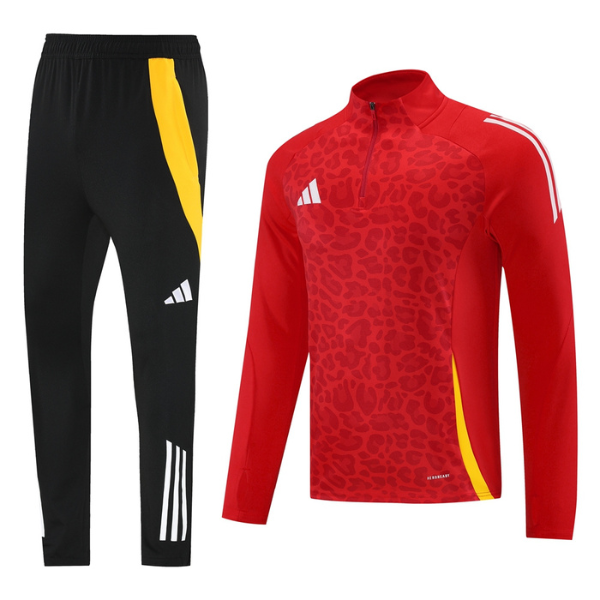 Conjunto de camiseta y pantalones Adidas Cold Set con cremallera de un cuarto en rojo, amarillo y negro