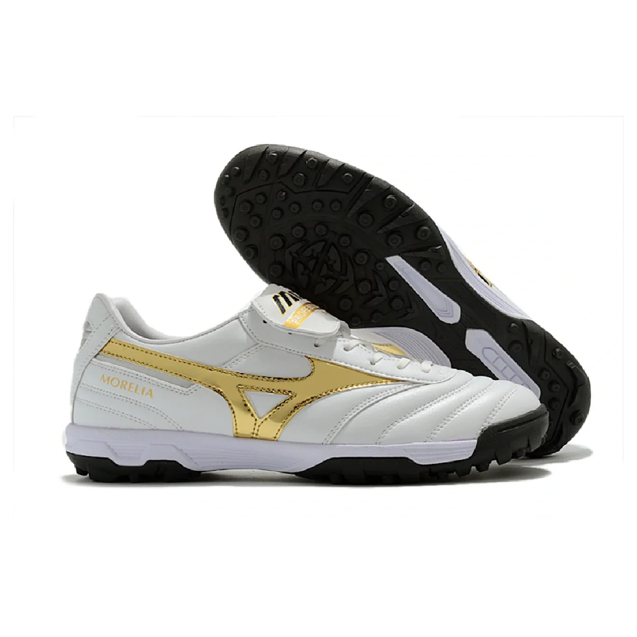 Botas de fútbol Mizuno Morelia Sala Classic Turf TF en blanco, dorado y negro