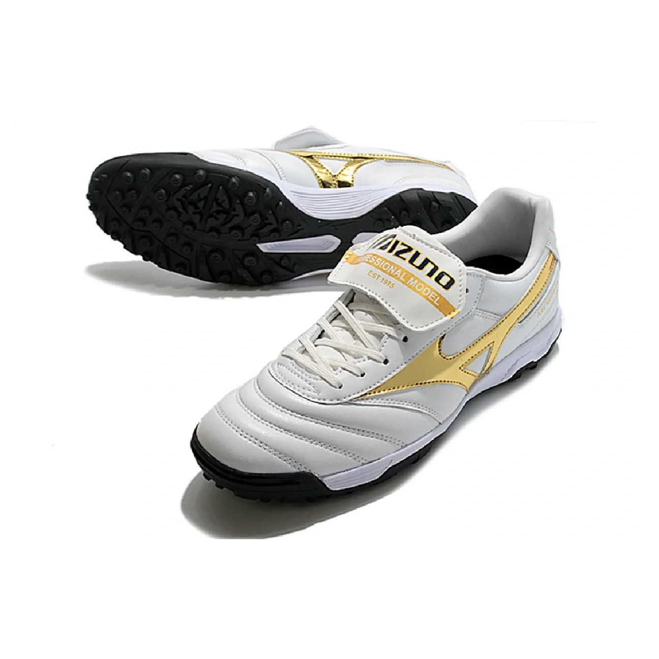 Botas de fútbol Mizuno Morelia Sala Classic Turf TF en blanco, dorado y negro