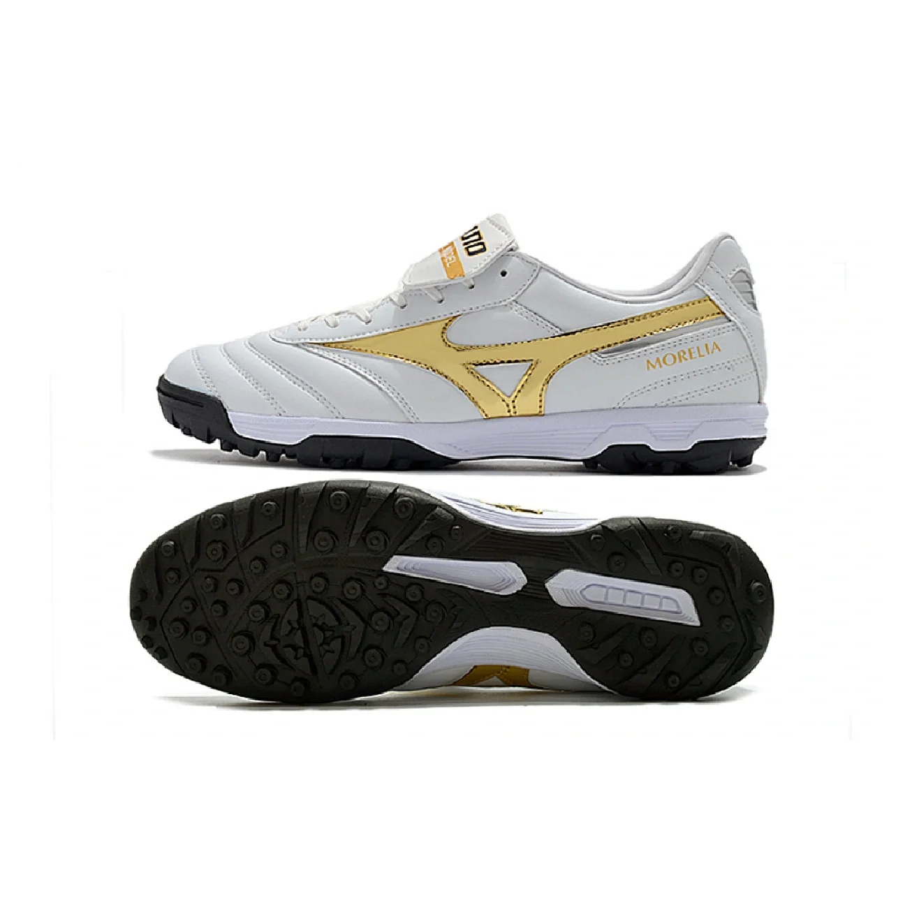 Botas de fútbol Mizuno Morelia Sala Classic Turf TF en blanco, dorado y negro