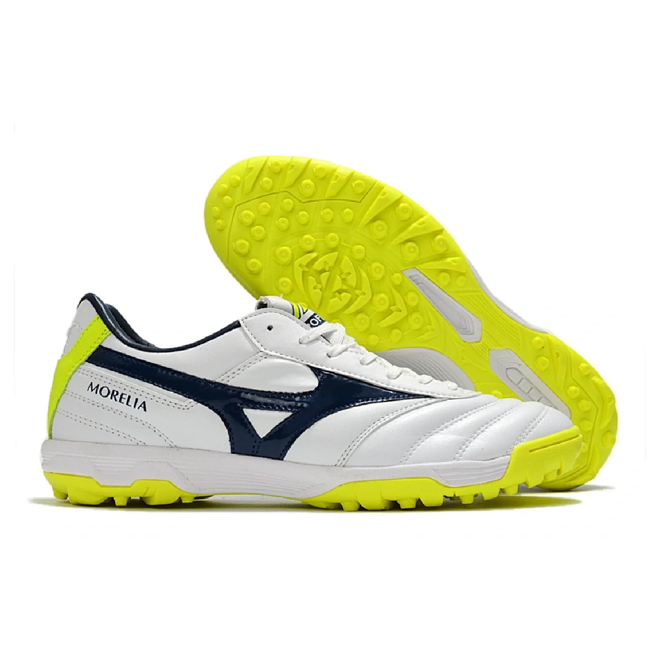 Botas de fútbol Mizuno Morelia Sala Classic Turf TF, color blanco, verde y azul