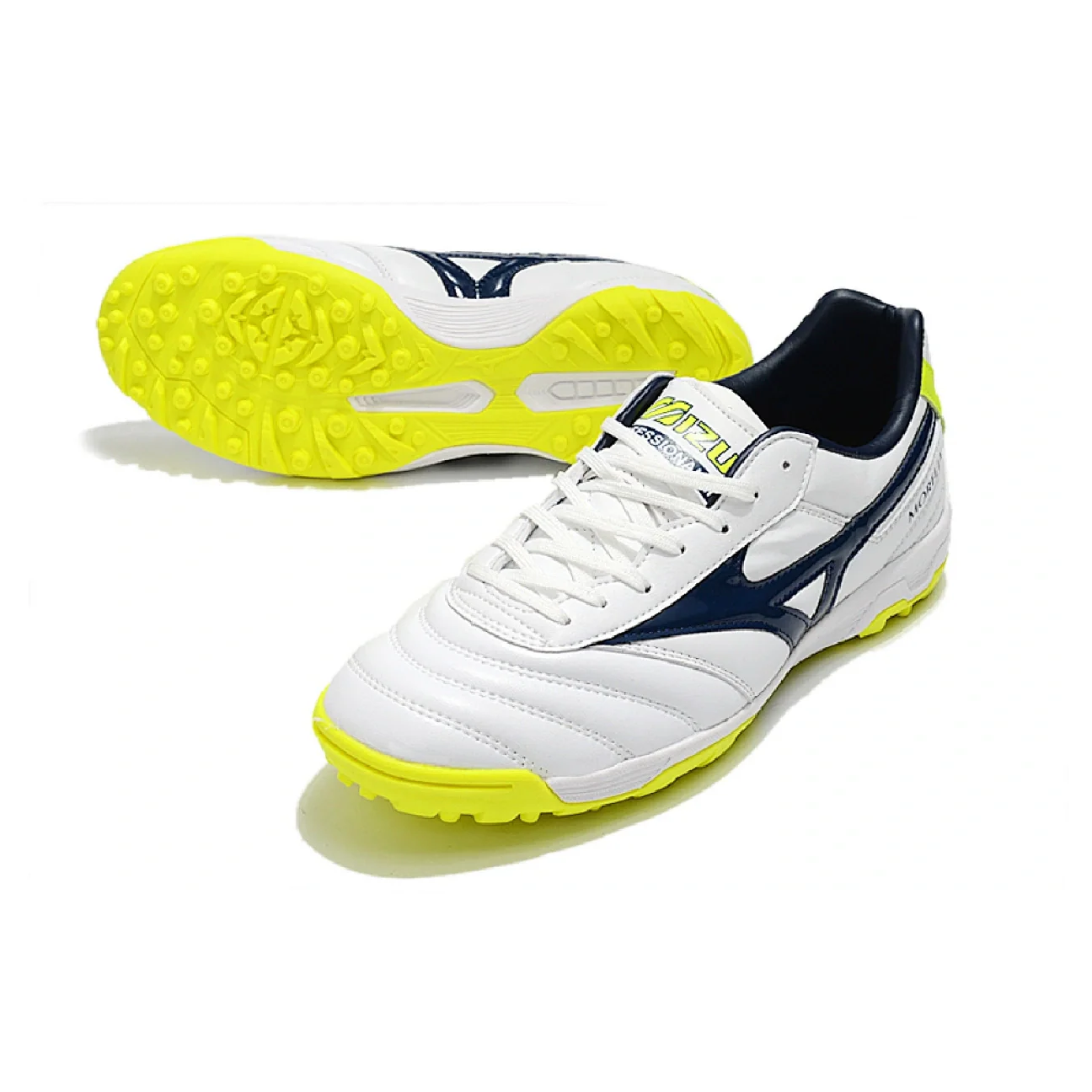 Botas de fútbol Mizuno Morelia Sala Classic Turf TF, color blanco, verde y azul